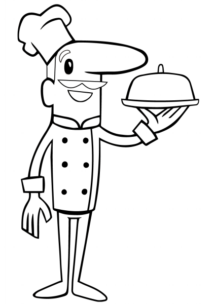 Chef with Tray coloring page image