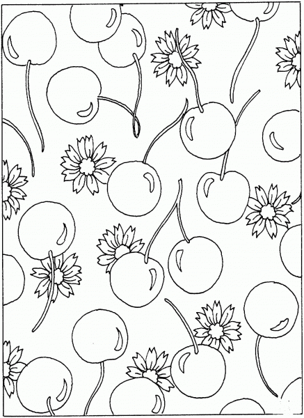 Cherries And Flowers  coloring page image