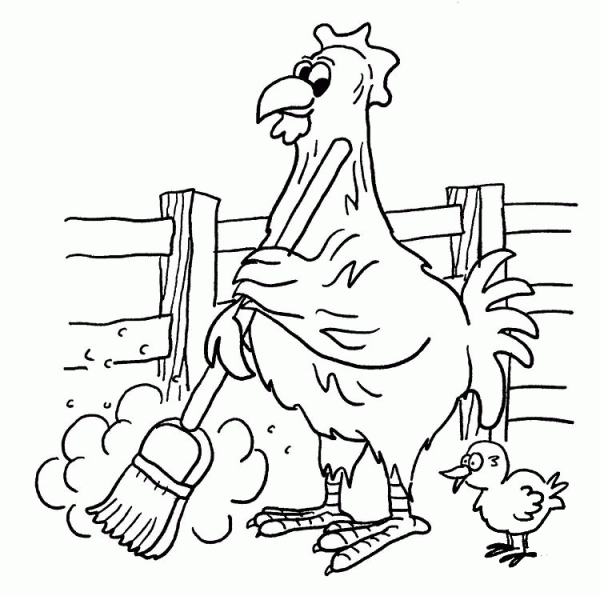 Chicken is Sweeping Hen House coloring page image