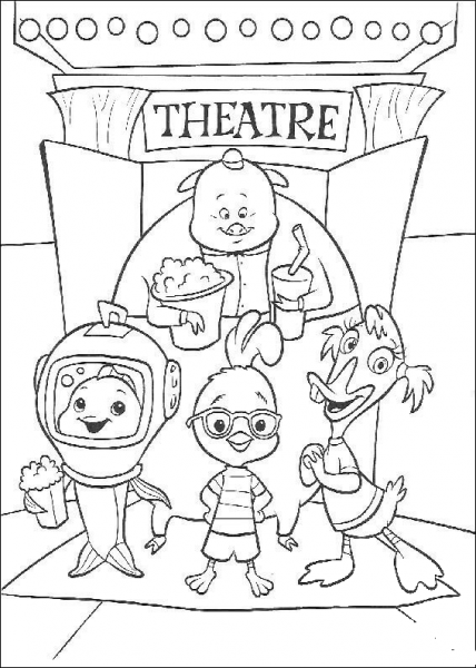 Chicken Little, Abbey, Runt and Fish Out Of The Water in a theatre coloring page image
