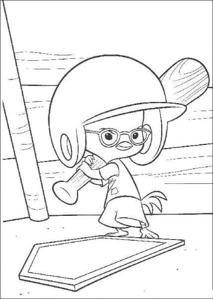 Chicken Little Is a serious Baseball player  coloring page image