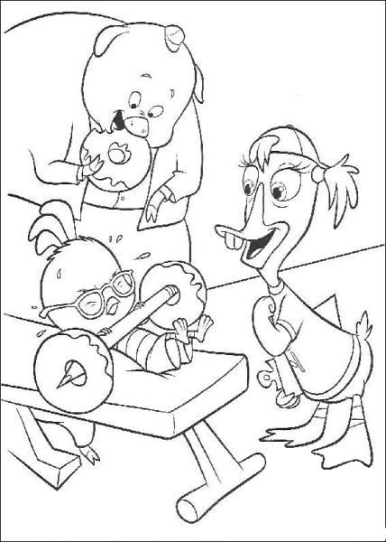 Chicken Little is building muscles with a barbell coloring page image