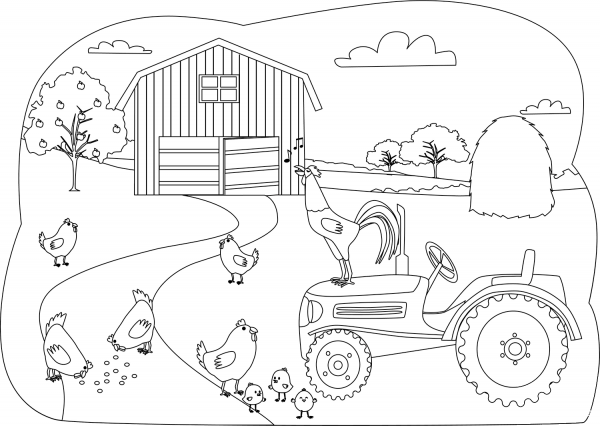 Chickens on the Farm coloring page image