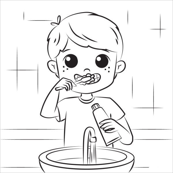 Child Brushes His Teeth coloring page image