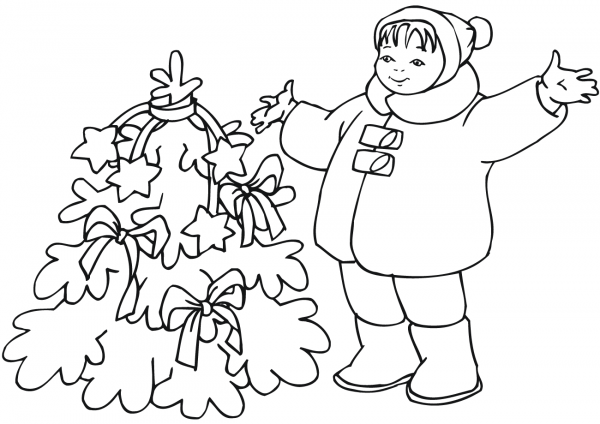 Child Decorating Christmas Tree coloring page image