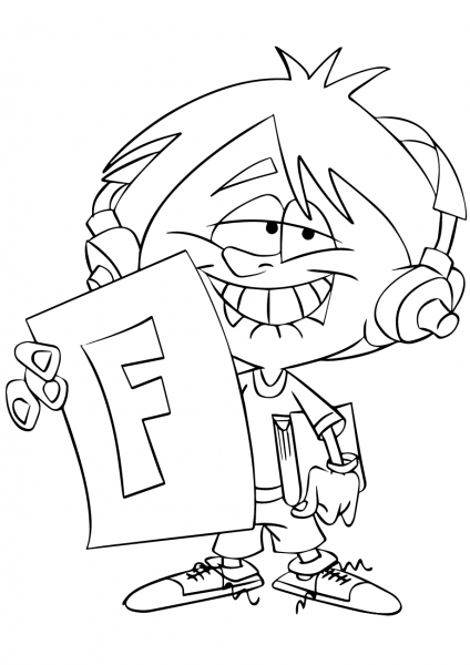 Child Holding up Report Card with Big F coloring page image