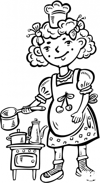 Child Playing Chef in the Kitchen coloring page image