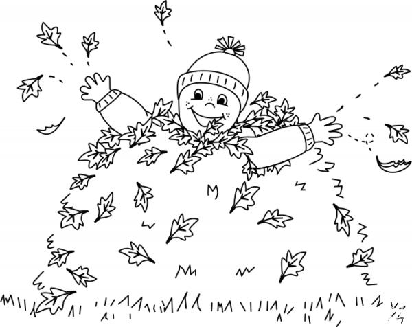 Child Playing in Leaves coloring page image