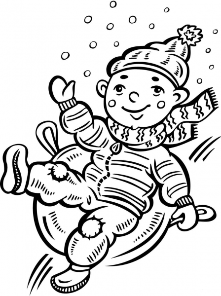 Child Sliding down a Snow Covered Hill coloring page image