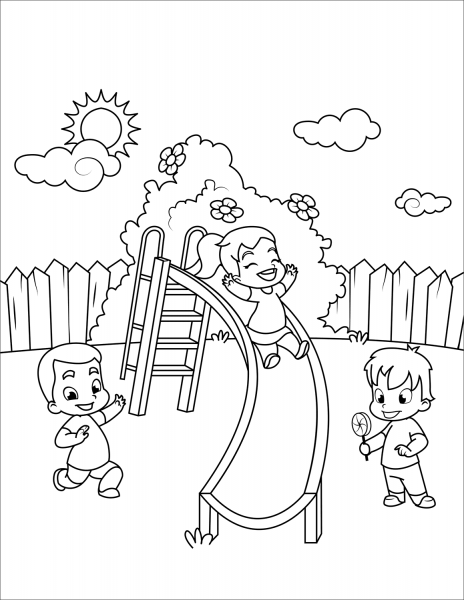 Children Go down a Slide coloring page image
