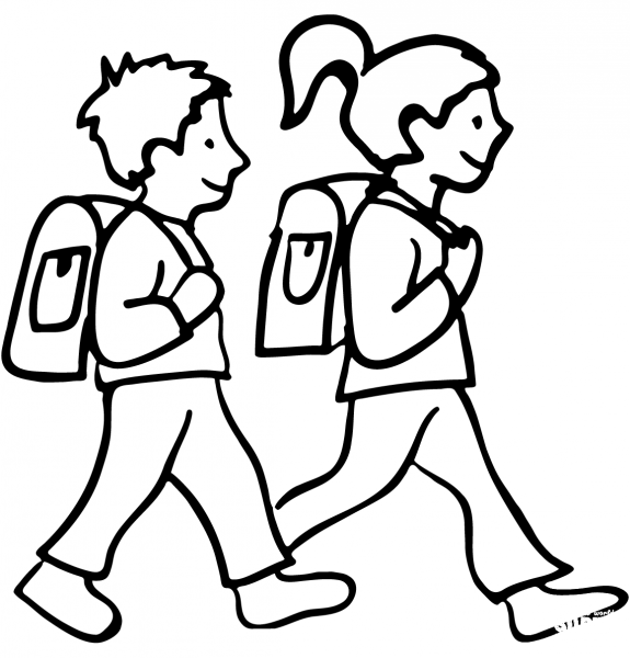 Children Going to School coloring page image