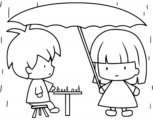 Children Playing Chess While Raining coloring page image