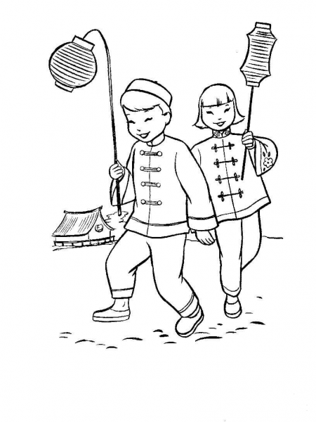 Chinese Boy and Girl Celebrating New Year  coloring page image