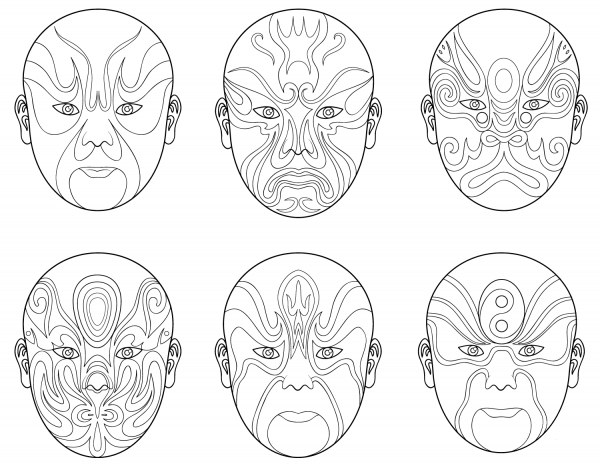 Chinese Opera Masks coloring page image