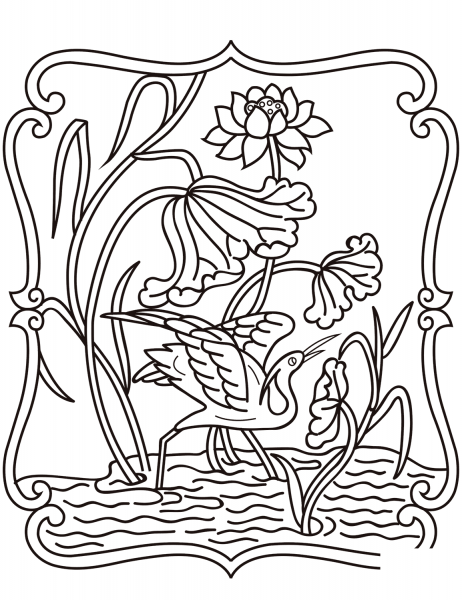 Chinese Traditional Pattern with Egret coloring page image