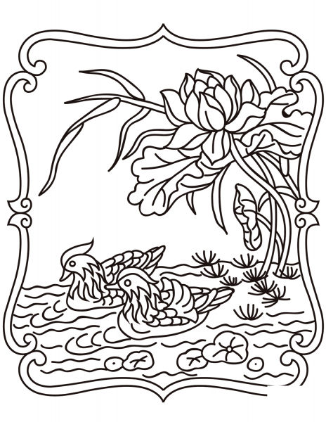 Chinese Traditional Pattern with Mandarin Ducks coloring page image