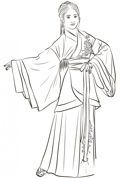 Chinese Woman in Traditional Costume Hanfu coloring page image