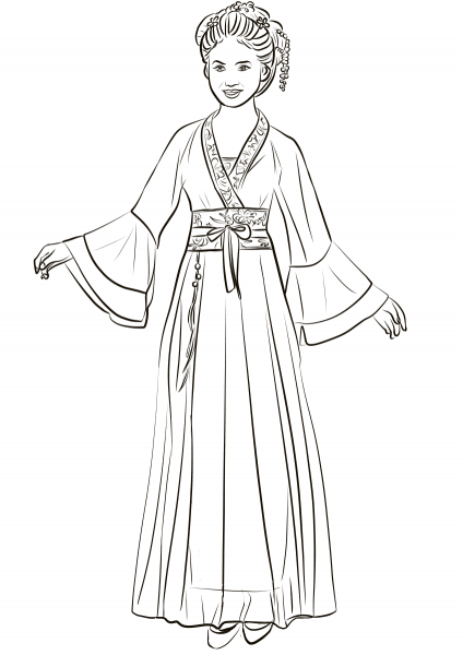 Chinese Woman Wearing Traditional Hanfu Wedding Dress coloring page image