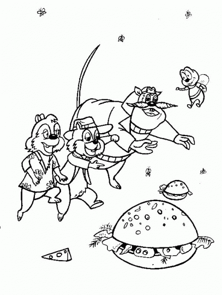 Chip, Dale, Monty and Zipper found a hamburger  coloring page image