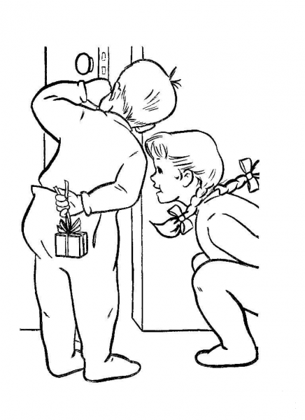 Chrildren are looking for Christmas gifts coloring page image