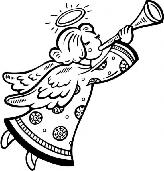 Christmas Angel Blows a Horn coloring page image