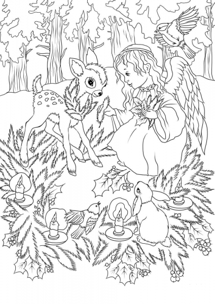 Christmas Angel with Animals coloring page image