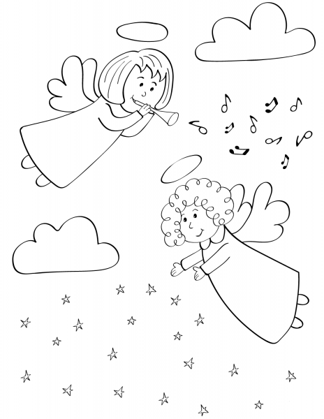 Christmas Angels in the Sky coloring page image