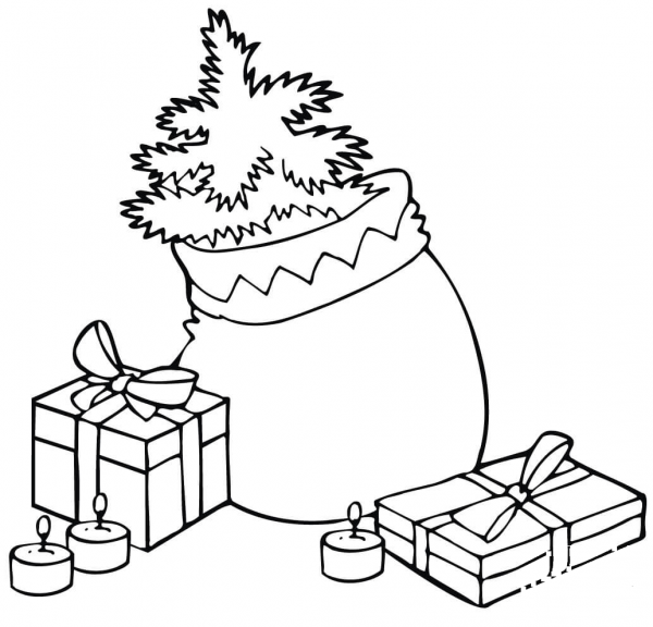 Christmas Bag with a Tree  Gifts and Candles coloring page image