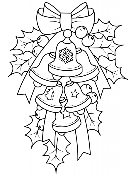 Christmas Bells and Holly coloring page image