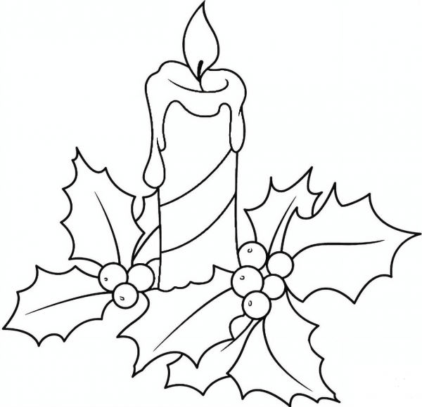 Christmas Candle and Holly coloring page image