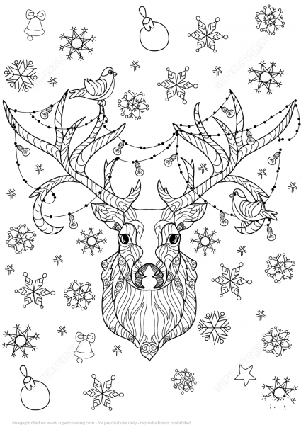 Christmas Deer with Light Bulbs Garland Zentangle coloring page image