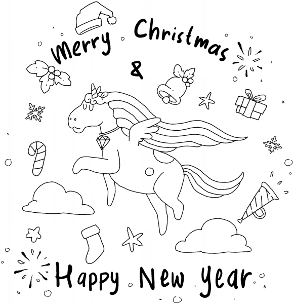 Christmas Doodle with Unicorn coloring page image