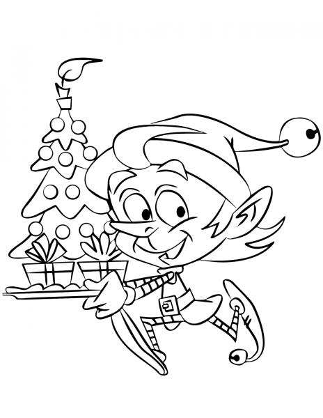 Christmas Elf Running with a Tree coloring page image