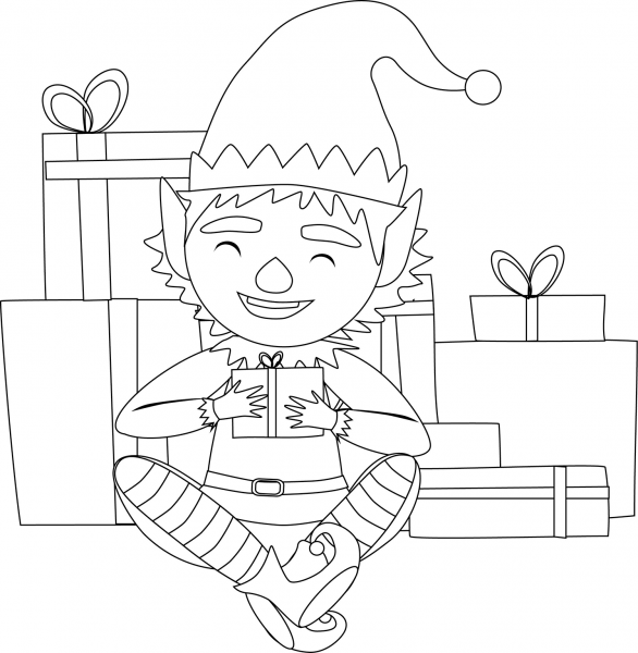 Christmas Elf with Presents coloring page image