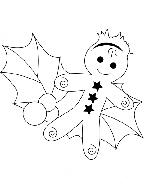 Christmas Gingerbread and Holly Leaf coloring page image