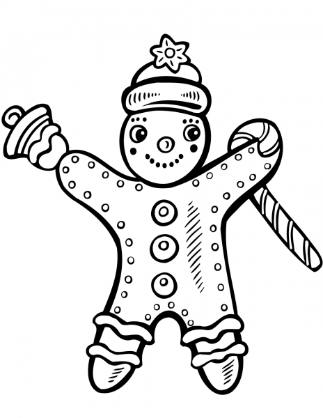 Christmas Gingerbread with Candy Cane and Bell coloring page image