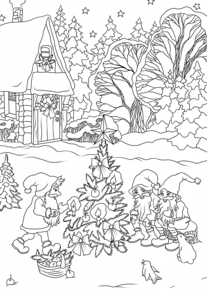 Christmas Gnomes are Decorating a Tree coloring page image