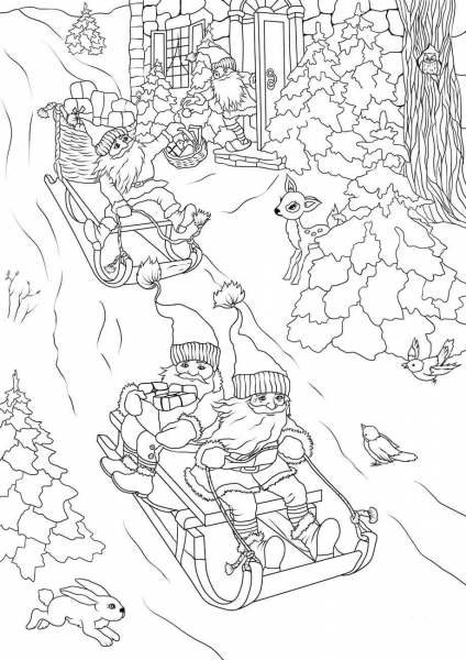 Christmas Gnomes are Delivering Presents on Sleds coloring page image