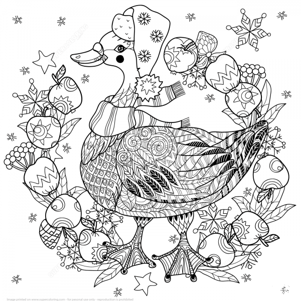 Christmas Goose with Apples Zentangle coloring page image