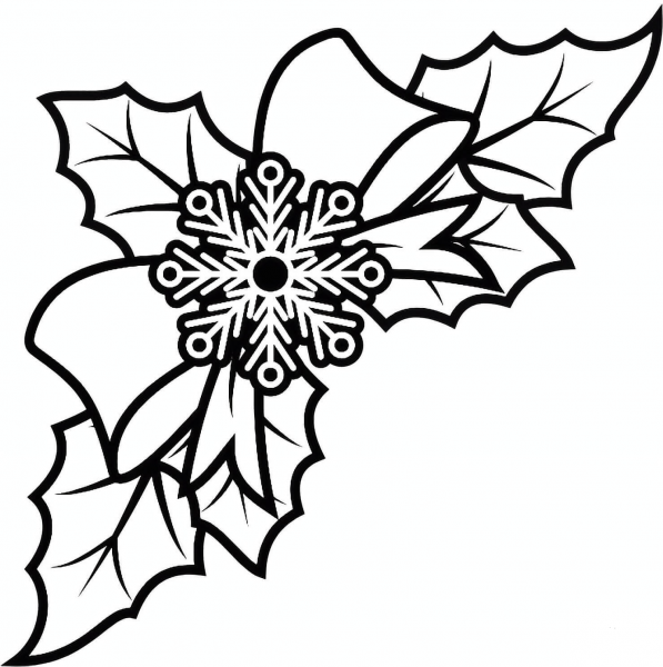 Christmas Holly and Snowflake coloring page image