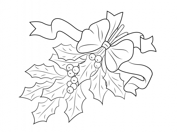 Christmas Holly with Bow coloring page image