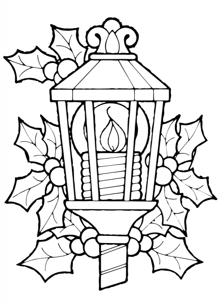 Christmas Lantern And Holly coloring page image