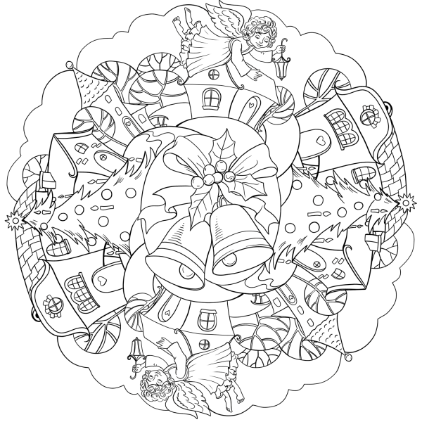 Christmas Mandala with Bell and Angel in Town coloring page image