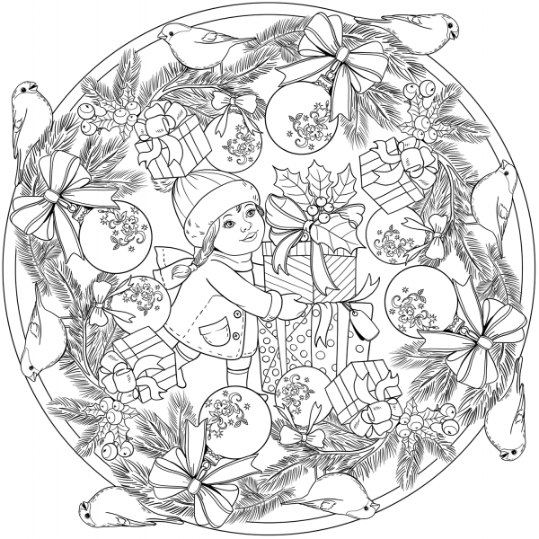 Christmas Mandala with Little Girl, Presents and Bullfinch coloring page image