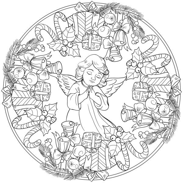 Christmas Mandala with Ornament, Angel and Presents coloring page image