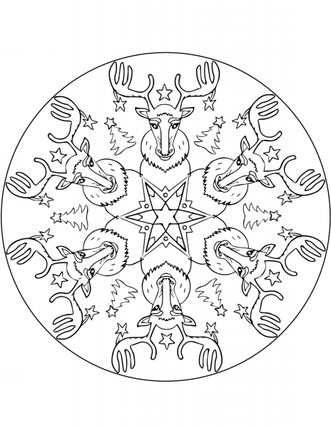 Christmas Mandala with Reindeers coloring page image