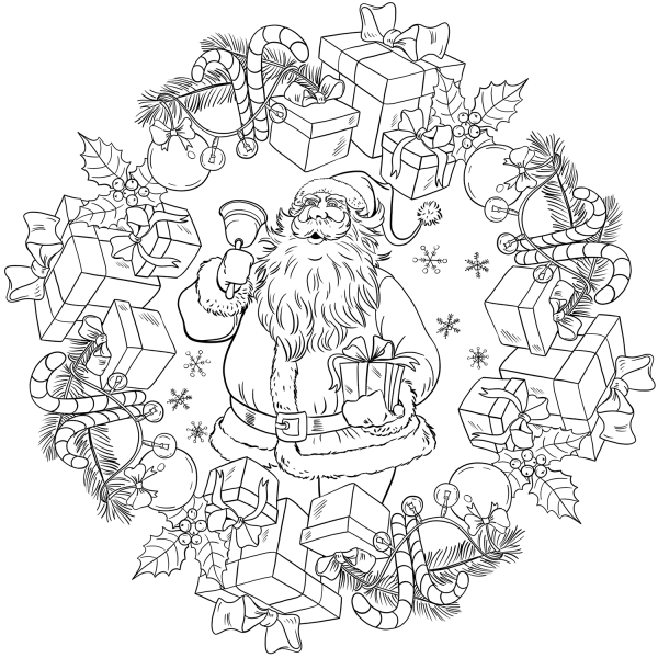 Christmas Mandala with Santa Claus and Presents coloring page image
