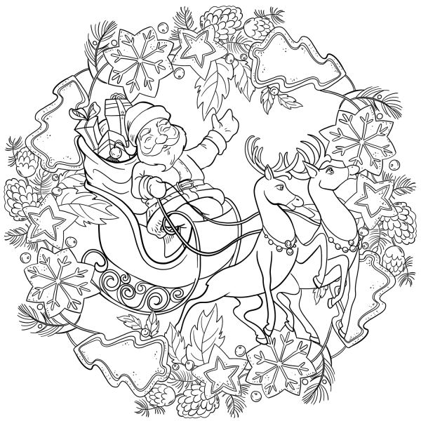 Christmas Mandala with Santa, Sleigh and Deers coloring page image