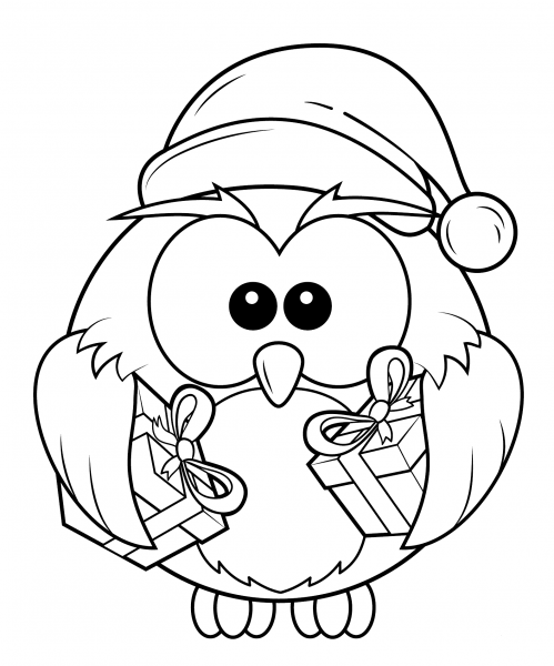 Christmas Owl with Gift Boxes coloring page image