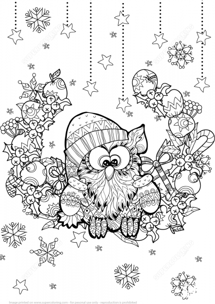 Christmas Owl Zentangle coloring page image